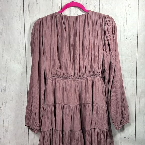 Storia Mauve Boho Tiered Mini Dress Long Sleeve Deep V Cottagecore Romantic - Picture 13 of 14